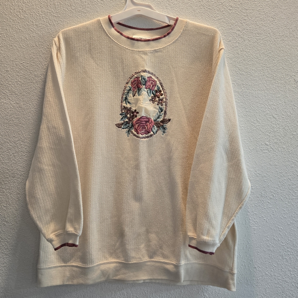 Vintage Floral‎ Embroidered Cream  Sweater Grandmacore Cottagecore Lg